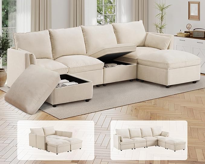 Furnimart 110.6 Modular Sectional Sofa with Full Seat Storage U-Shaped 6-Seater Deep Seat Couch with Chenille Fabric Sectional with 2 Movable Ottomans for Living Room Beige
