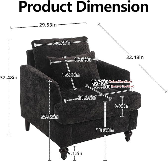 Oversized Accent Chair with Lumbar Pillow Upholstered Side Chairs for Living Room Bedroom Comfy Reading Chairs for Adults with Wide Seat Thick Cushion Soft Chenille (Black)