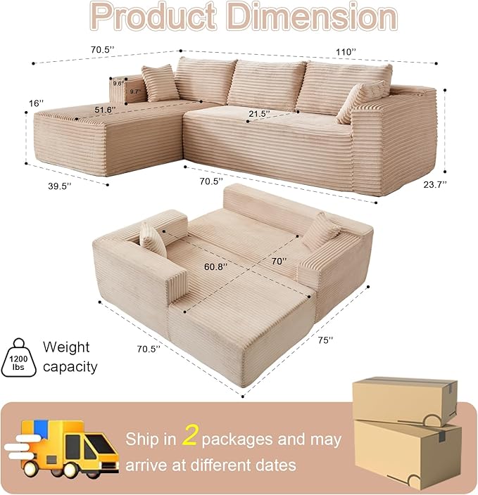 110 Modular Sectional Sofa with L-Shape Chaise Boneless Cloud Couch with Deep Seat Sponge Compression Sofas No Assembly Required Upholstered Couches for Living Room Bedroom (Corduroy Beige)