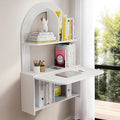 Wall Mounted Drop-Leaf Table Floating Laptop Desk Folding Table with Shelves Multifunctional Computer Workstation Storage Compartments in Home Office for Space Saving (White)