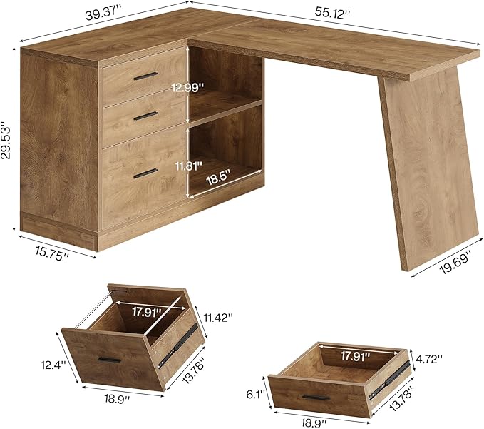 Tribesigns 55-Inch L Shaped Computer Desk with 3 Drawers Corner Home Office Desk with Storage Shelves Farmhouse Wood Executive Desk for Work Writing Sturdy Gaming Brown