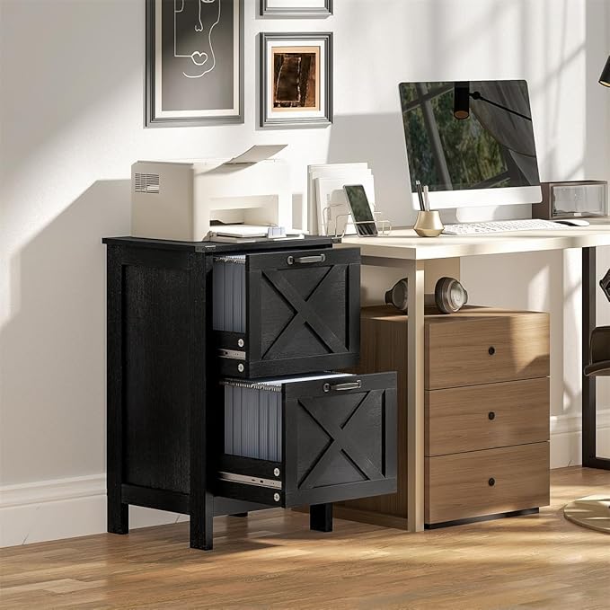 Modern File Cabinet with Barn Door Design for Home Office Storage – Two-Drawer Organizer with Smooth Gliding Slides and Safety Anti-Tip Feature