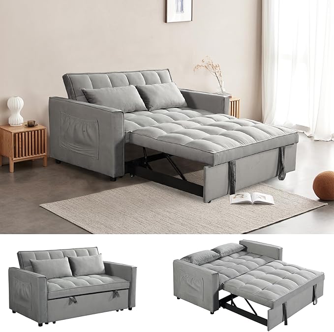 Sleeper Sofa Velvet Pull Out Sofa Bed Convertible Sofas Adjustable Backrest Pullout Loveseat Sofa Couch Side Pocket for Living RoomOfficeSmall SpaceGrey