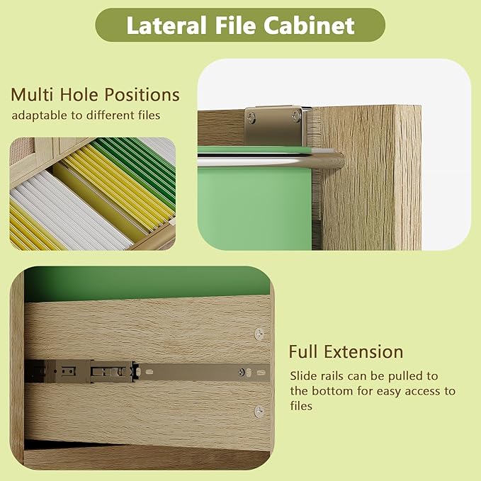 HOPUBUY Lockable 4 Drawers File Cabinet Set of 2 Lateral Filing Cabinet with Printer Stand for Home Office and School Wood Rattan File Cabinet for Hanging Files/Letter/Legal/A4/F4 Size Oak