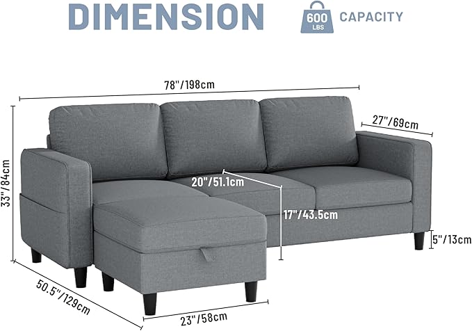 Sectional Sofas Couches for Living Room Convertible L Shaped Couch | Sofa with Ottoman Washable Sofa Covers 78 Small Couch Grey Linen Fabric 3 Seat Storage Couch