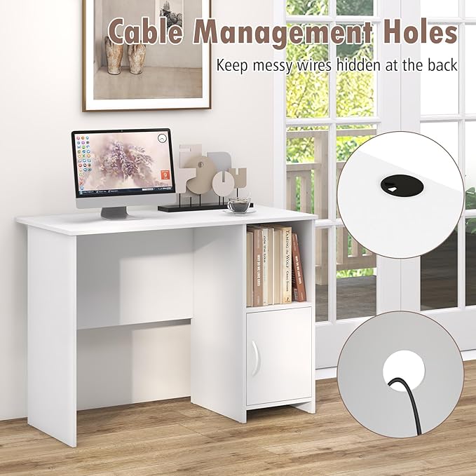 GOFLAME Modern Computer Desk with Cabinet Writing Study Desk with Cable Holes &amp Open Shelf Laptop PC Desk with Storage Compact Computer Workstation for Home Office White