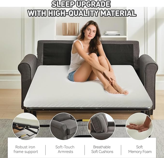 Pull Out Sofa Bed 73+3 with Memory Foam Mattress Bed Frame Linen Two Seat Loveseat 57 2-in-1 Convertible Sleeper CouchNo Assembly Space-Saving for Living Room Office Apartment Grey