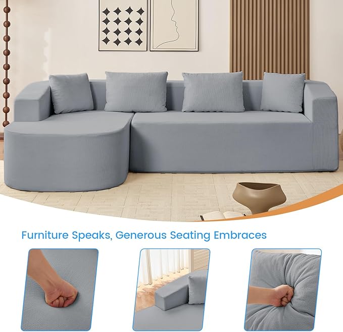 PUREMIND 98 L Shaped Sectional Couches for Living Room Boneless Comfy Modern Sofa Cloud Sectional Modern Sleeper Couch with Chaise for Bedroom Apartment No Assembly Required (Light Grey)