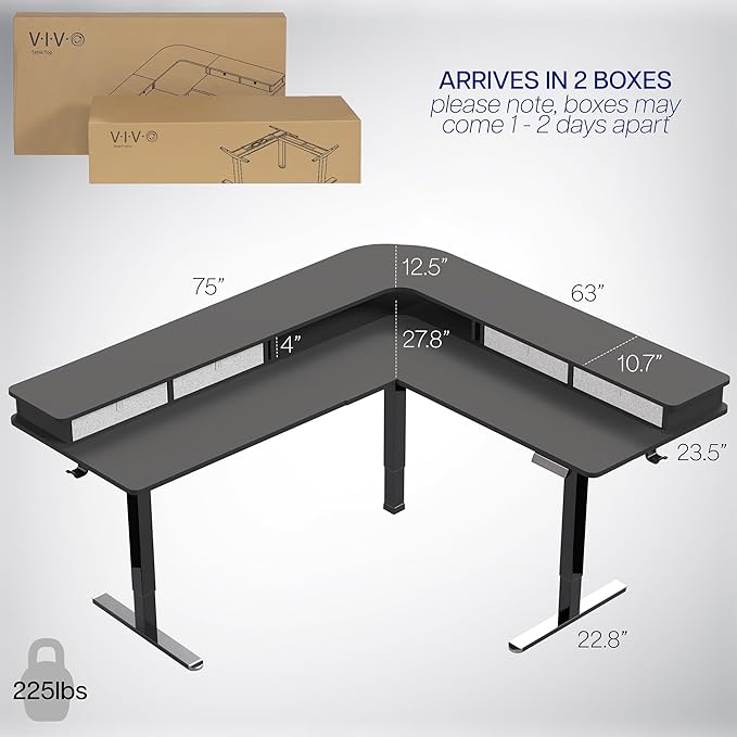 VIVO Electric Mobile Corner 75 x 63 inch 2 Tier Stand Up L-Shaped Desk Height Adjustable Memory Controller Storage Drawers Black Top Black Frame DESK-E3CVB-75