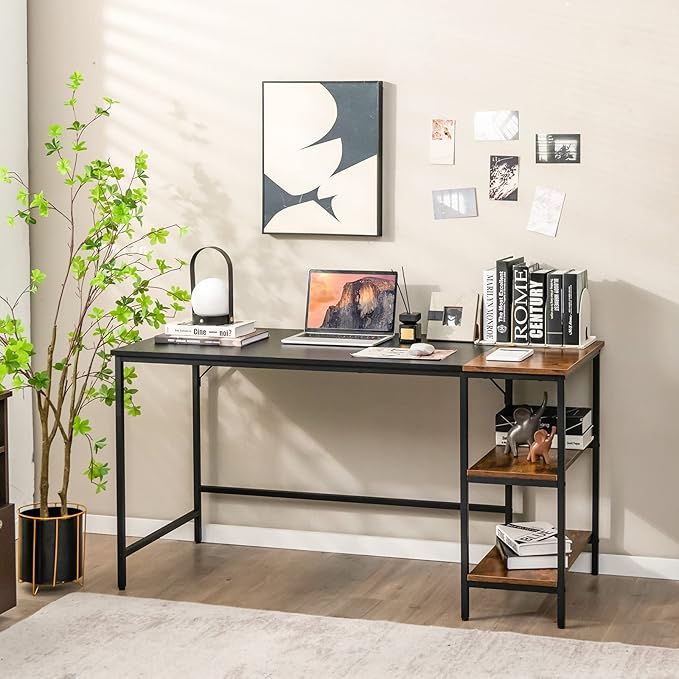 Multifunctional Computer Desk Industrial Study Writing Desk w/Removable Storage Shelf Heavy-Duty Metal Frame 55 Inch Desk for Home Office Gaming Room Bedroom (Black)