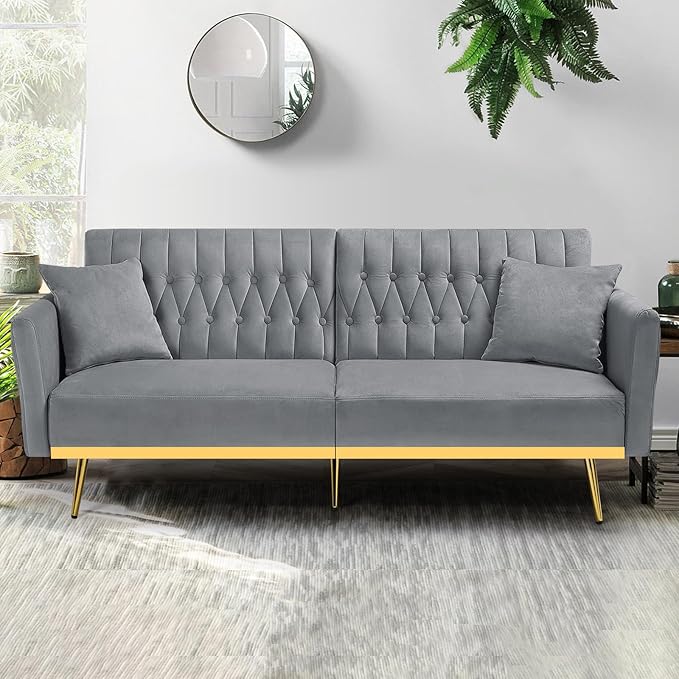 70” Velvet Futon Sofa Bed with 2 Pillows and Adjustable Armrests Convertible Sleeper Bed W/Adjustable Backrests Modern Loveseat for Living Room Bedroom Light Grey