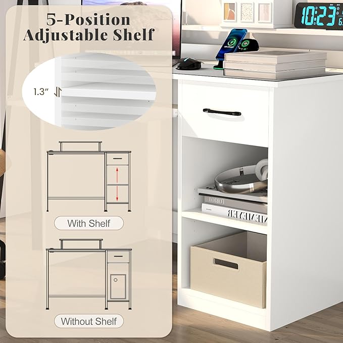 Computer Desk with Drawers Study Table with Storage Shelves Keyboard Tray Power Outlet Wood Makeup Vanity Table Small Desk for Bedroom Study Living Room Home Office (White 35''H)