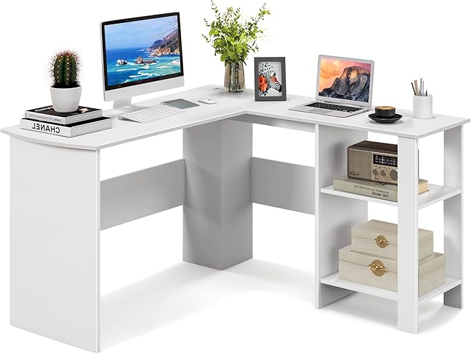 Tangkula White L Shaped Desk with Storage Shelves Wooden Corner Computer Desk Space-Saving Home Office Workstation Gaming Desk Writing Study Desk L Shaped Office Desk