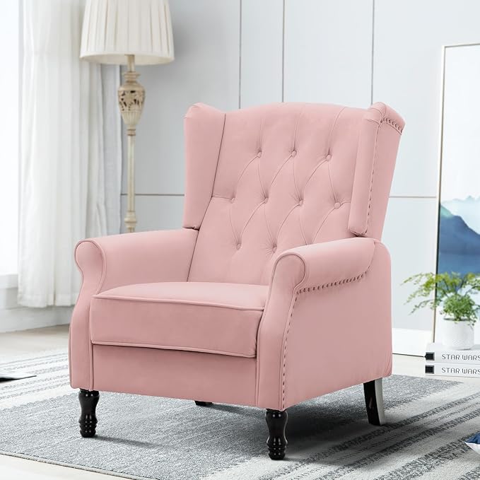 Artechworks Winged Fabric Modern Accent Chair Tufted Arm Club Chair Linen Single Sofa with Wooden Legs Comfy Upholstered for Reading Living Room Bedroom Office Pink