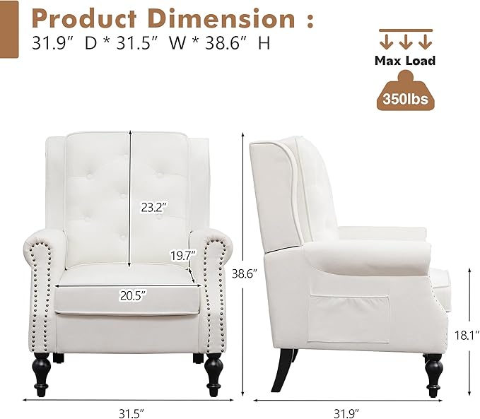 Modern Accent Chair Set Of 2 Wingback Living Room Chairs With High Back Accent Upholstered Armchair With Vintage Legs Comfy Sofa Chair Accent Chairs Set For Bedroom Home Office Reading WHITE