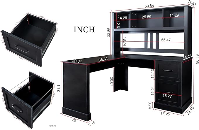 KEIKI L Shaped Home Office Desks with Hutch Drawers Bookshelf &amp Storage Shelves Modern Wooden Computer Corner Table for Work Study Writing
