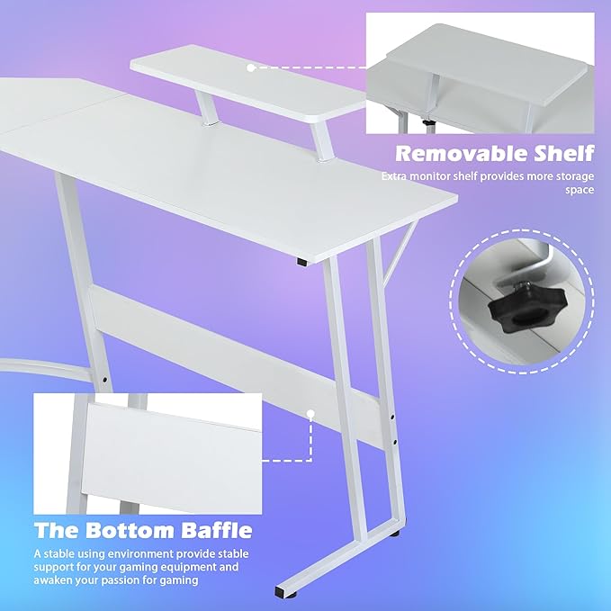 L Shaped Gaming Desk Modern Computer Desk Home Office Desks with Large Monitor Riser Stand Sturdy PC Desk for Bedroom Minimalist White 50Inch
