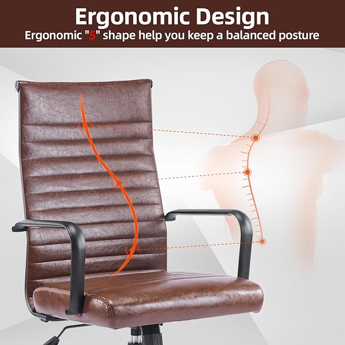 Office Chair Ergonomic Executive Conference Room Chairs Ribbed Leather Desk Chair with Lumbar Support Adjustable Height Mid-Back Swivel Chair with Padded Seat