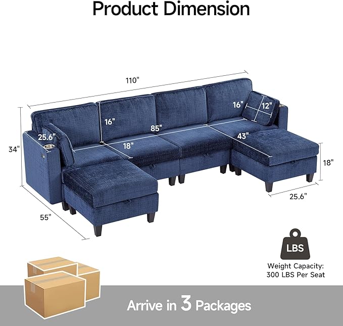ONBRILL 110 U-Shaped Modular Sectional Sofa Convertible Sleeper Sofa Couch Bed with Adjustable Backrest Chenille Couch with Movable Ottoman Couches for Living RoomBedroom and ApartmentBlue