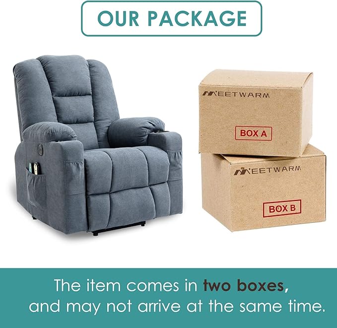 MEETWARM Power Lift Chair Electric Recliner for Elderly Heated Vibration Massage Soft Fabric Recliner Chair with 2 Remote Controls USB Ports Cup Holders &amp Side Pockets for Living Room (Gray-Blue