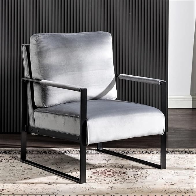 Container Furniture Classic Mid Century Modern Accent Chair with Durable Square Metal Frame Armchair for Living Room Bedroom Home Office in Plush Velvet Upholstery Grey