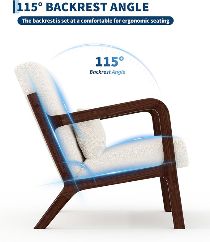 GarveeHome Mid-Century Accent Chair Cozy Sherpa Reading and Lounge Armchair with Lumbar Pillow Modern Wood Frame for Living Room Bedroom Office Beige