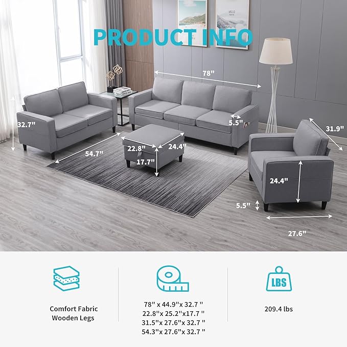 CECER 4 Piece Living Room Sectional Sofa Set with Ottoman and Side Pockets Modern Linen 6 Seaters Couch Set 3-Seater Sofa &amp Love seat &amp Armchair Set for Living Room/Office/Apartment - Light