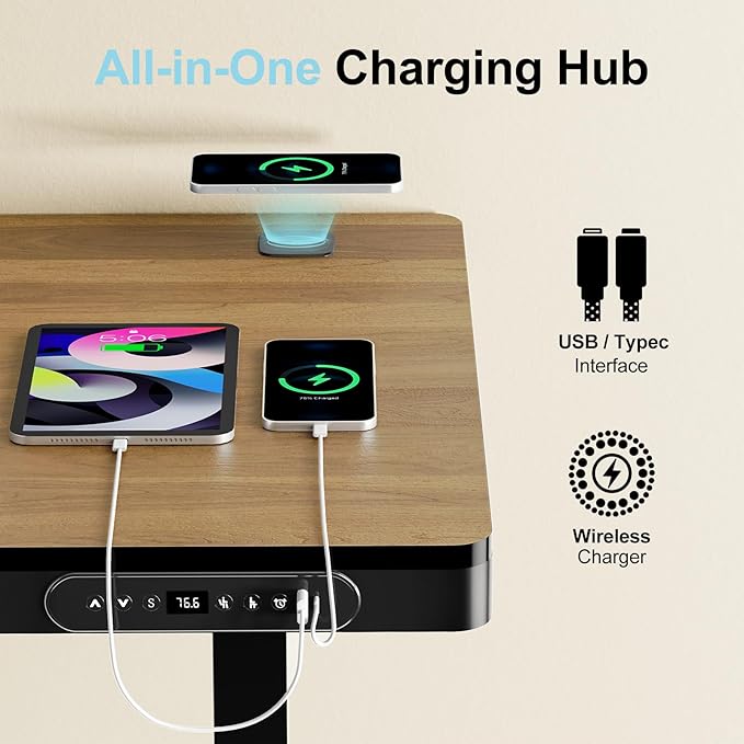 Electric Standing Desk with Drawer and Wireless Charging 48 Inch Sit Stand Desk with USB Charging Station Hidden Cable Management Tray Height Adjustable Computer Desk for Home Office Walnut
