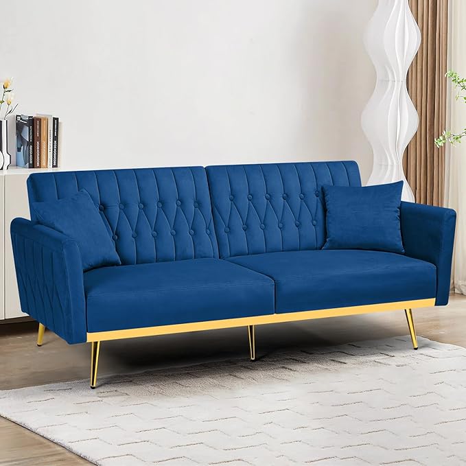70 Velvet Futon with Adjustable Backrest and Armrests Sofa Bed with Extra Pillows for Waiting Room Living Room and Office Blue