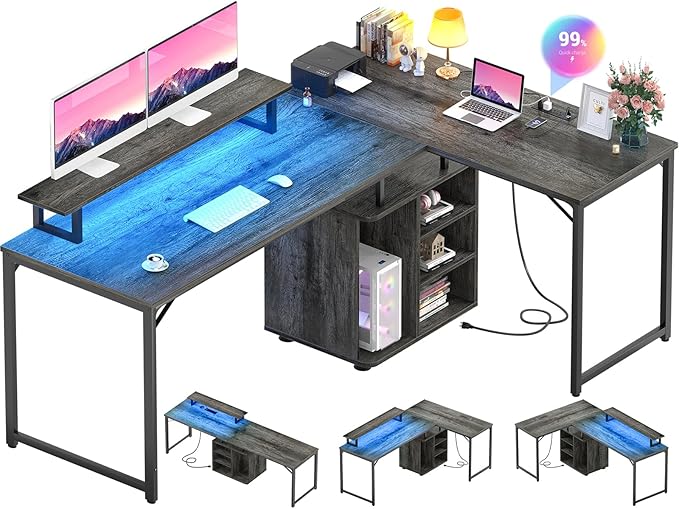 Cyclysio L Shaped Gaming Desk with Wood Cabinet 58 Large Corner Desk with LED Lights &amp Power Outlet Reversible Computer Desks with Computer Tower Stand 2 Person Desks for Home Office Grey
