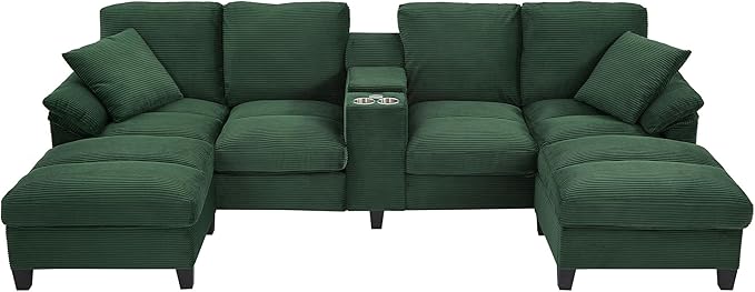 Modern U-Shaped Sofa 116.9 Sectional Sofa Corduroy Upholstered Sofa Couch with Storage Ottomans Cup Holders and USB Ports for Living Room (Green-X70)