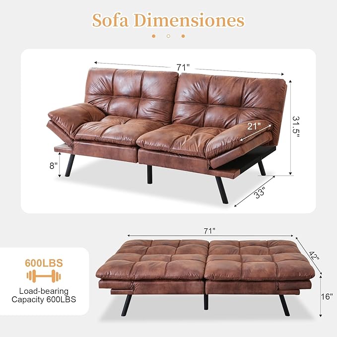Opoiar Modern Sleeper SofaConvertible Couch BedMemory Foam Adjustable Armrest&ampBackrestFaux Leather Futon Sets for Compact Living SpacesOffice Sofabed Brown-002 SF-PU-002