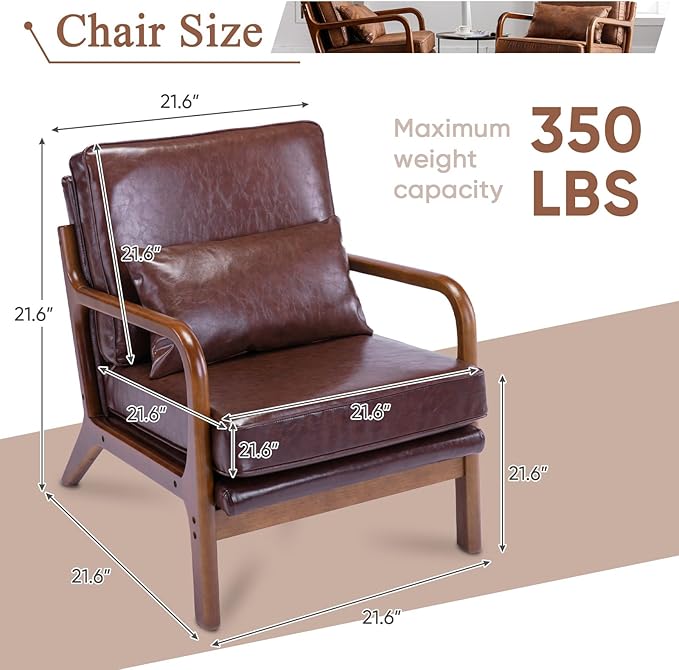 Brown Faux Leather Accent Chair- Comfy Solid Wood Arm Chair Mid Century Modern Armchair Lounge Sitting Decorative Office Side Chair Club Small Bedroom Reading Nook Sillas De Sala Living Room Furniture