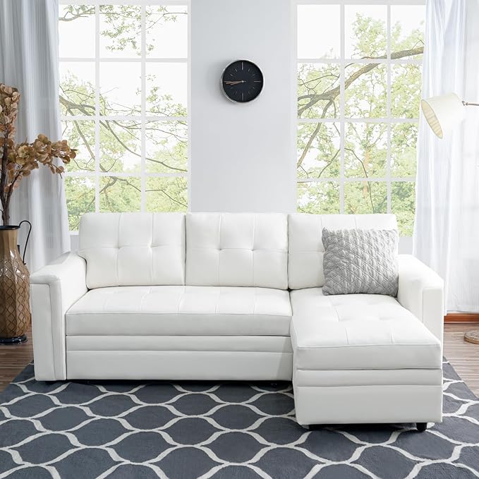 Naomi Home L-Shaped Sectional Sleeper Sofa with USB Ports - Convertible Pull-Out Bed Ample Storage Timeless Design Durable Construction White/Air Leather