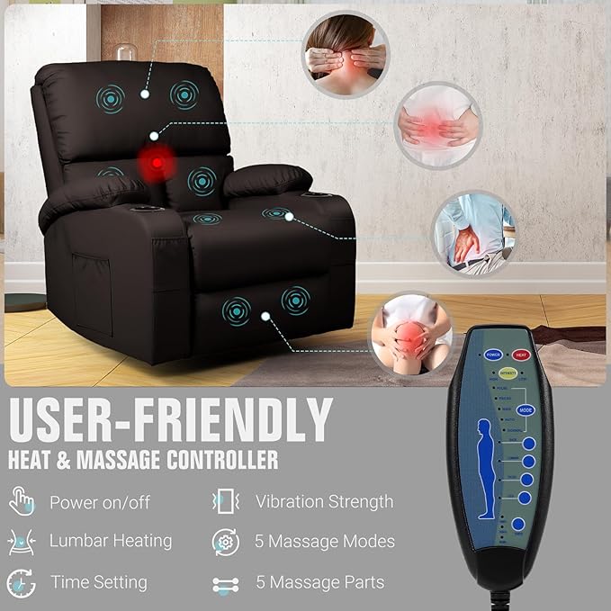 LEVELEVE Rocking Recliner Chair Massage Rocker Recliner Chair with Vibration Massage and Heat360° Swivel Recliner Chairs Living Room Bedroom Nursery RV Brown