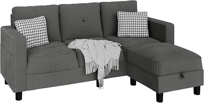 JAMFLY Convertible Sectional Couches for Living Room L-Shaped Couch 3 Seat Sectional Sofa Set with Corduroy Fabric and Movable Ottoman Small Couch for Apartments Office（Dark Grey）