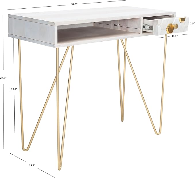 SAFAVIEH Home Office Collection Raveena White Wash and Brass 1-Drawer Hairpin Leg Desk