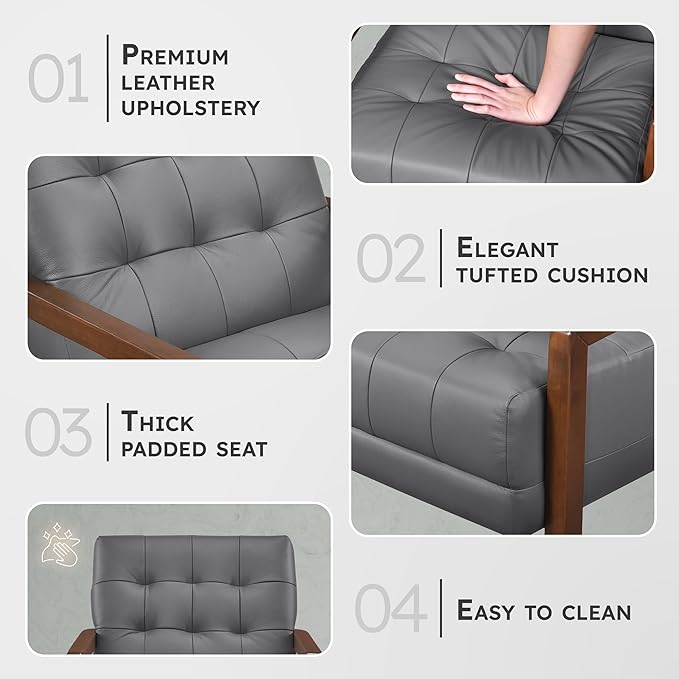 Lexicon Modern Accent Chair Luxury Genuine Leather Match Living Room Chair with Tufted Cushions Solid Wood Frame and Arm Rest Comfy Upholstered Single Seat for Bedroom/Reading/Office Dark Gray
