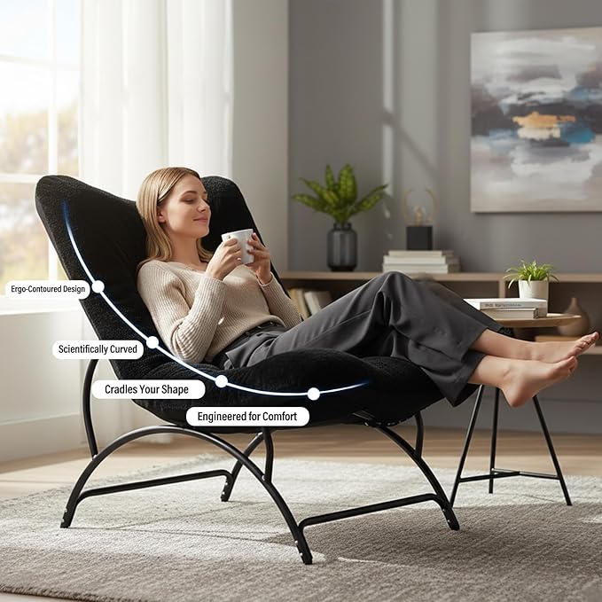 Tiita Accent Lazy Chair Comfy Lounge Chair with Metal Frame and Plush Fabric Spacious Seat Cozy Recliner Chair for Reading Room Living Room Bedroom Office Black