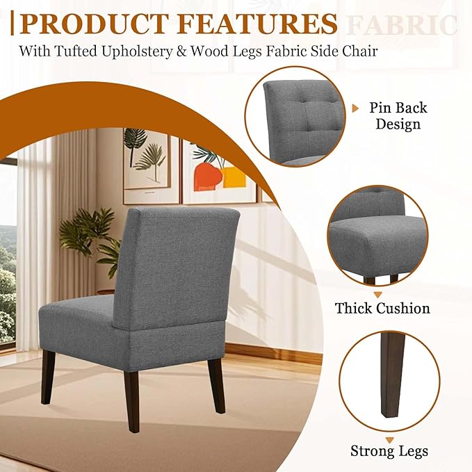 Modern Accent Chair for Living Room Upholstered Armless Slipper Chair with Back &amp Wood Legs Comfy Small Chair for Bedroom Living Room Reading Spaces Office (Gray2)