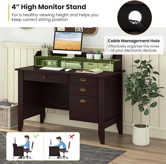 Tangkula Computer Desk with 4 Storage Drawers &amp Hutch Home Office Desk Vintage Desk with Storage Shelves Wooden Executive Desk Writing Study Desk (Brown)