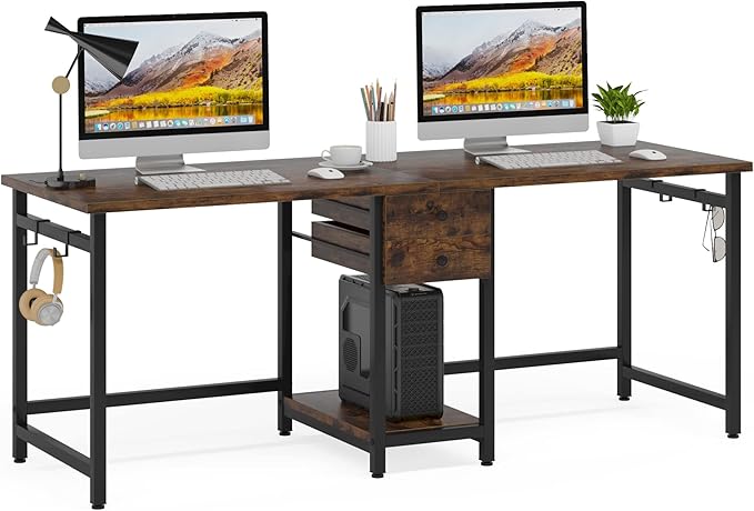 LITTLE TREE 79 Double Desk Two Person Desk with Storage Drawer Long Desk Home Office Desks for 2 Person Rustic Brown