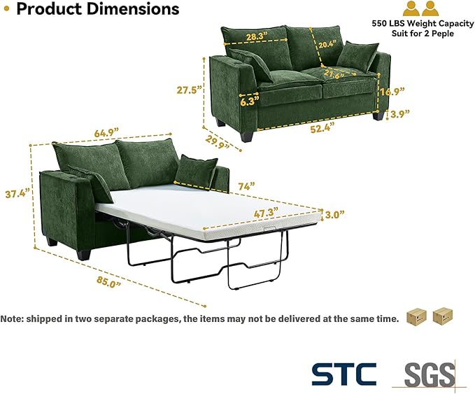 Brelice Pull Out Sofa Bed Sleeper Sofa Couch 2-in-1 Convertible Chenille Loveseat with USB Charging Ports and Memory Foam Mattress Full Size Pullout Bed for Living Room Apartment or Office