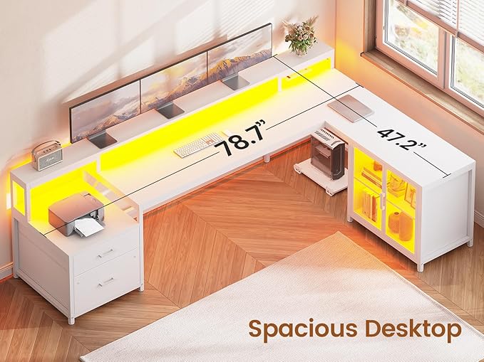 SEDETA 78.7” Large Gaming Computer Desk with Storage Drawers Reversible L Shaped Office Desk with Display Cabinet and Power Outlet Corner Gaming Desk with LED Lights for Home Office White