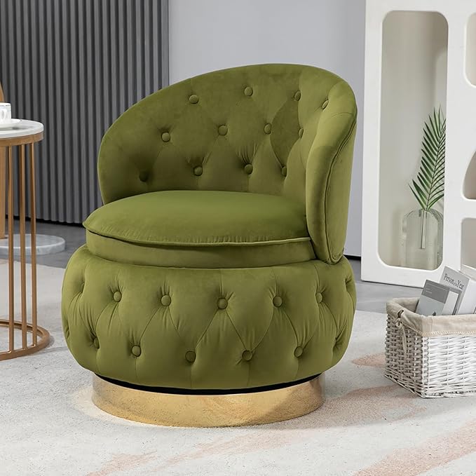 Modern Swivel Accent Barrel Chair with Storage Comfy Barrel Chair with Tufted Button and Cozy Cushion for Living Room Bedroom Office Velvet Gold Base Mid Backrest (Olive Green)