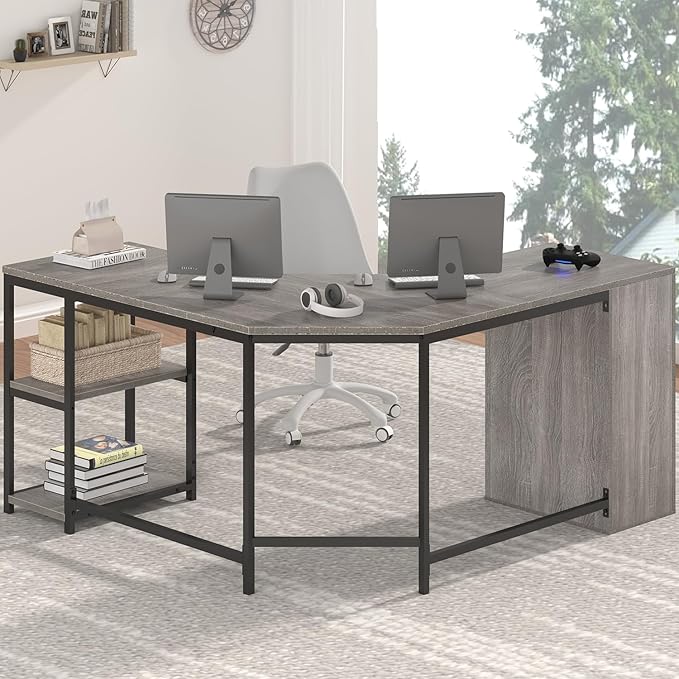 HSH Gray L Shaped Corner Desk with Storage 60 Corner L-Shaped Computer Desk with File Cabinet Shelves Reversible Wood Metal L Shape Home Office Work Study Writing Desk for Dual Monitor Light Grey