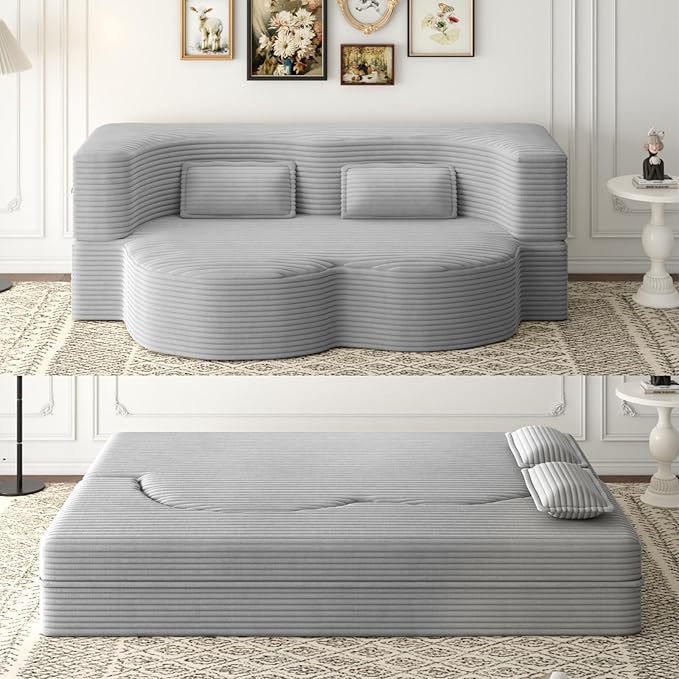 2 in 1 Convertible Folding Sofa Bed Plush Corduroy Lazy Lounge Sofabed Foam Folding Floor Sofa Bed 78 Full Size Memory Foam Couch for Living Room Guestroom No Assembly Sofabed (Light Grey)