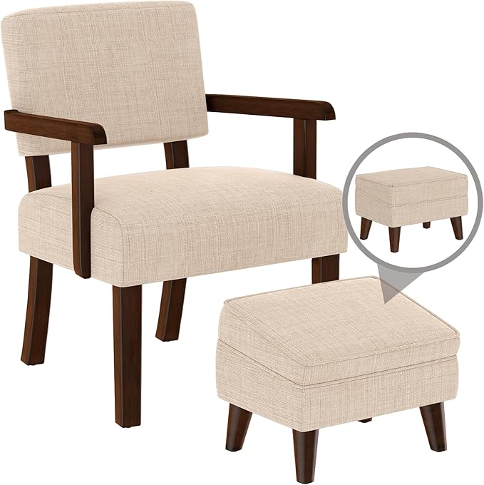 Accent Chairs with Adjustable Ottoman Comfy Arm Footrest Set Storage Footstool Sofa Armchair with Footrest Lazy Chair Set for Living Room/Bedroom/Reading Room Beige