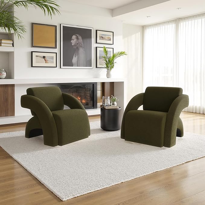 Soohow Upholstered Armchair with Ottoman – Plush Bouclé Fabric Curved Seat &amp Sled-Base Lounge Chair for Living Room Bedroom Study