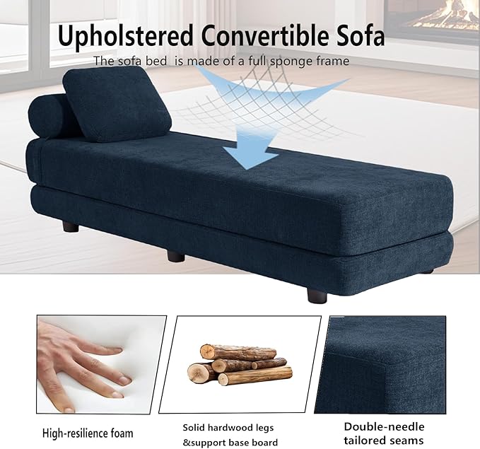 Upholstered Daybed30'' Wide Convertible 60 Day Bed Twin to QueenExtendable Sofa Bed for Small SpaceGuest Room Living Room or Office (Dark Blue)